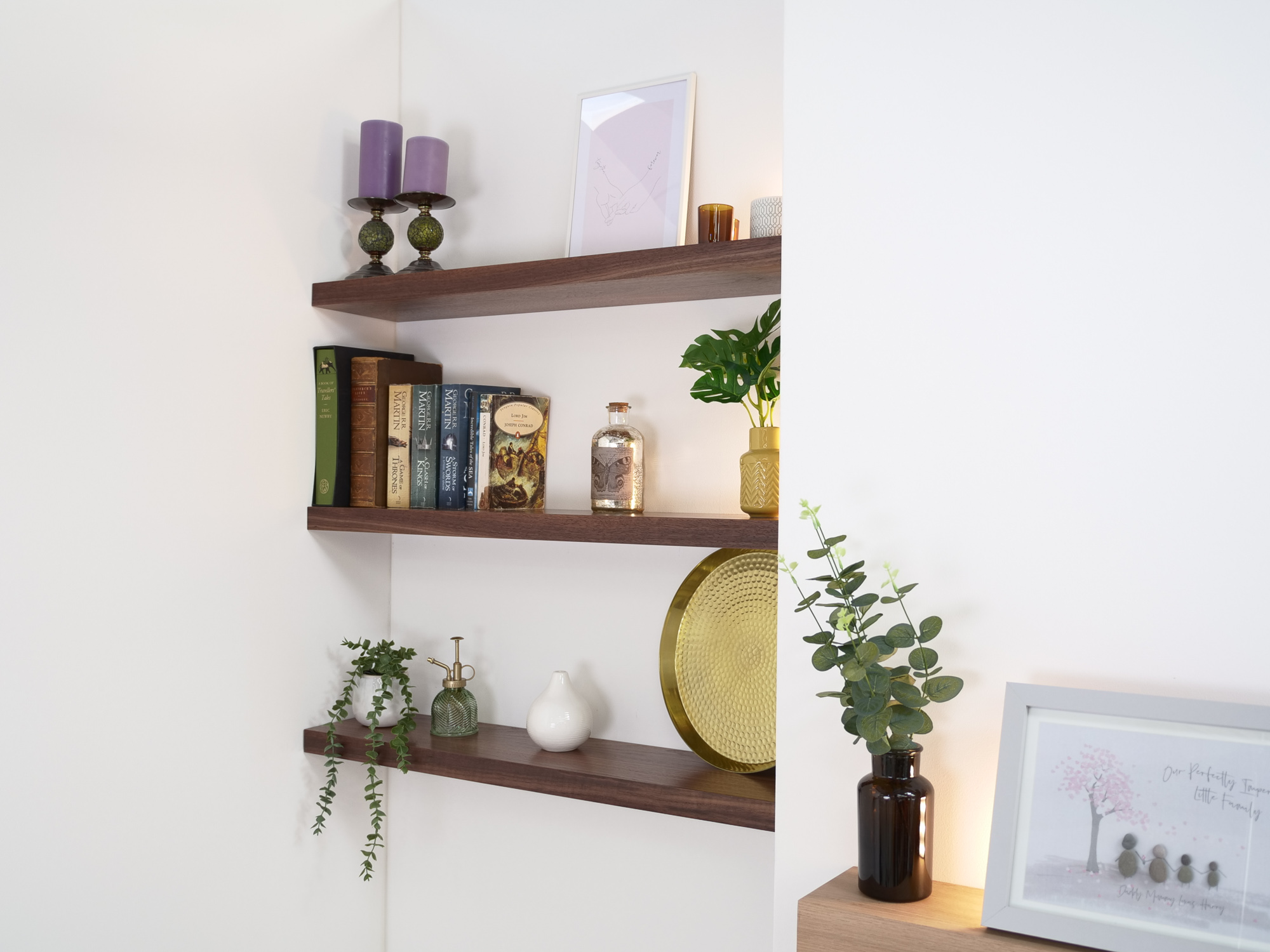 floating shelves in alcove