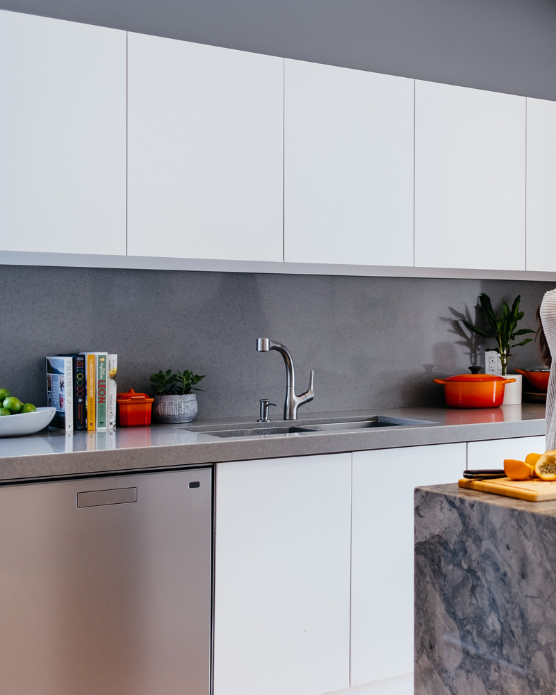 white kitchen with grey walls