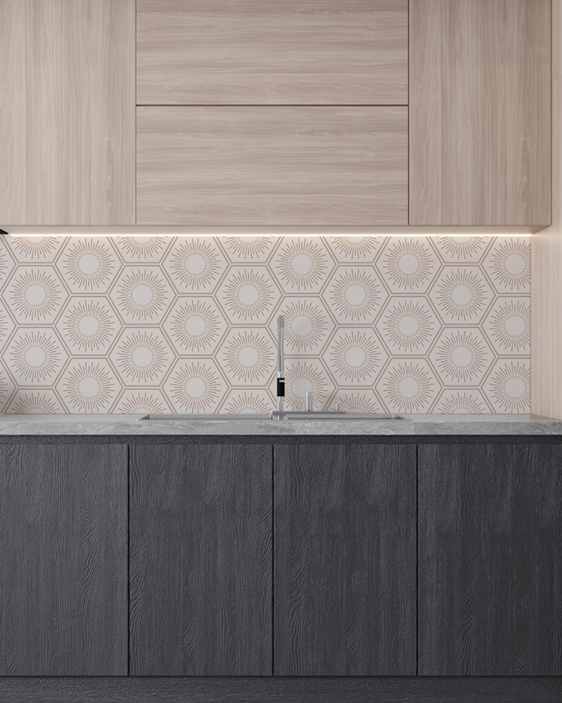 patterned splashback in a kitchen with contrasting wood cabinet doors
