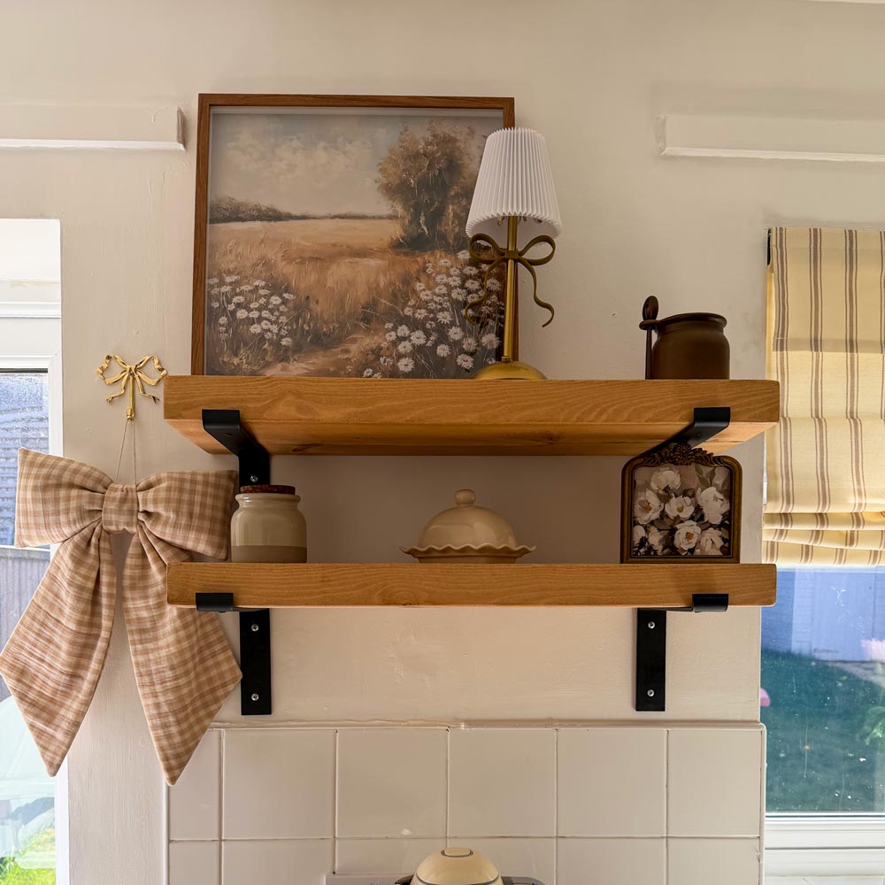 medium brown pine shelving