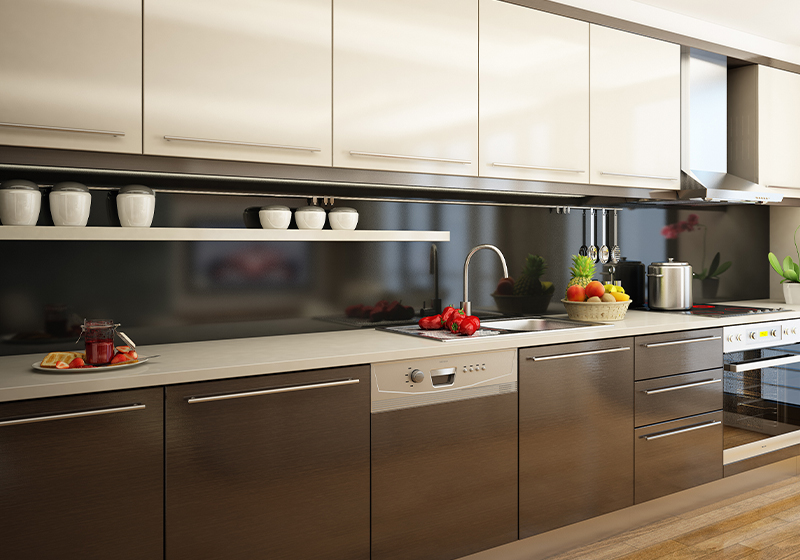 modern kitchen with white doors and black splashback