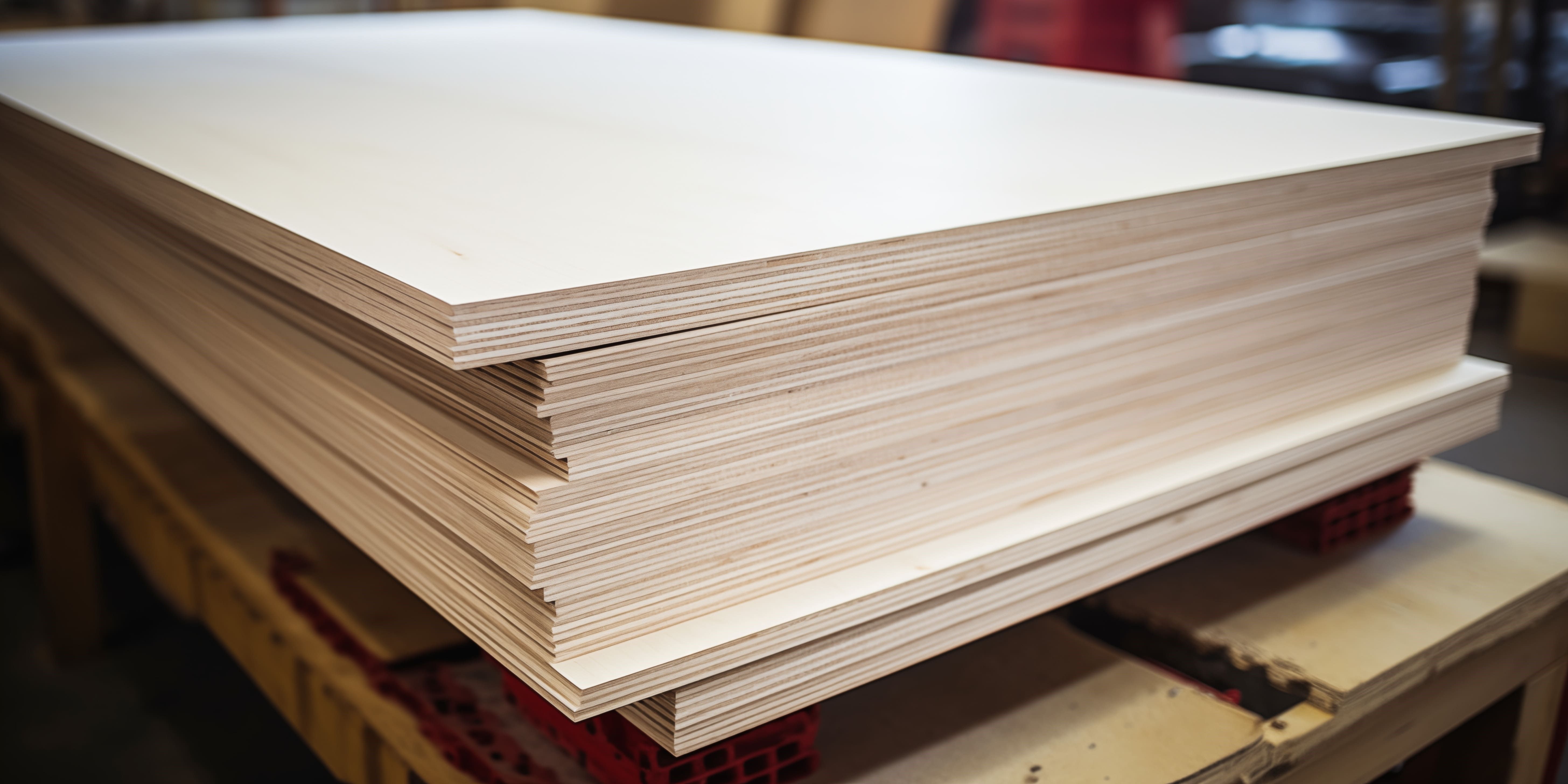 Stacked plywood sheets in warehouse