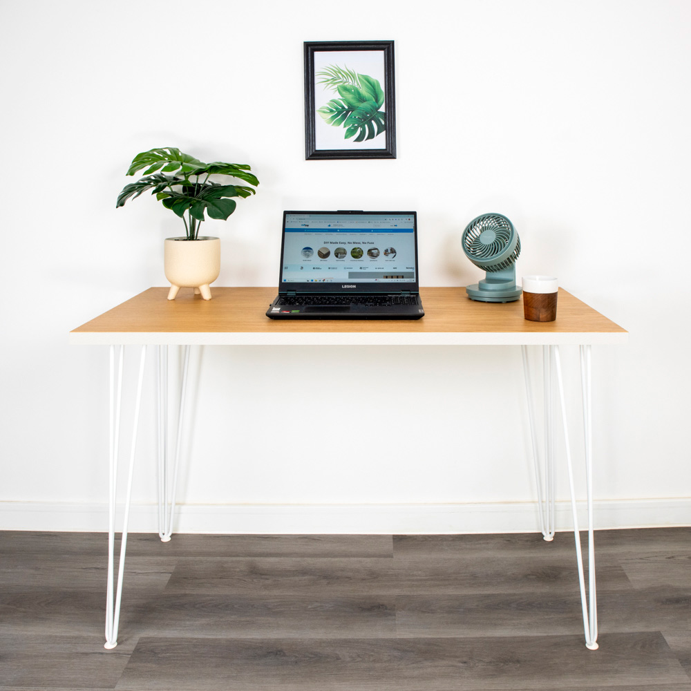 25mm Oak Desk with White Edge and White Hairpin Legs