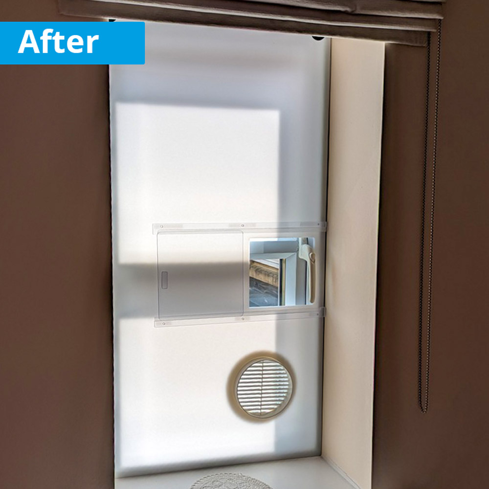 Custom 5mm opal acrylic air con unit window cover with sliding panel and vent installed.