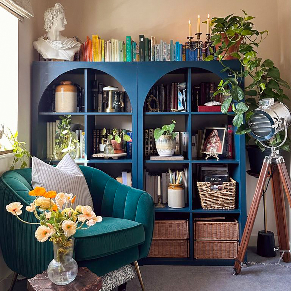 IKEA KALLAX bookcase hack with arched MDF panels and painted finish