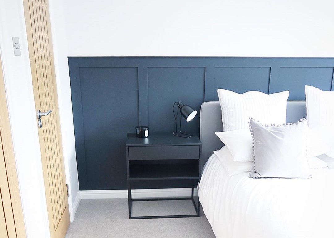 navy shaker wall panels in white bedroom