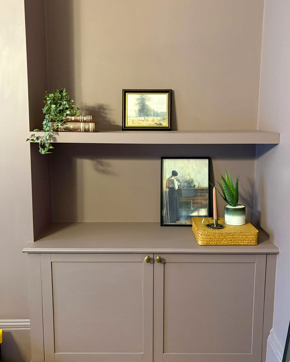 Close-up of the completed IKEA Besta built-in hack with cut-to-size MDF top and sides, painted in Cinnamon Slate.