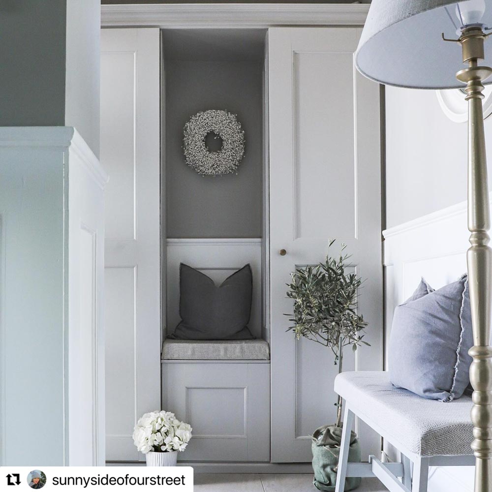 IKEA PAX hallway storage hack with custom cut MDF panels and built-in seating